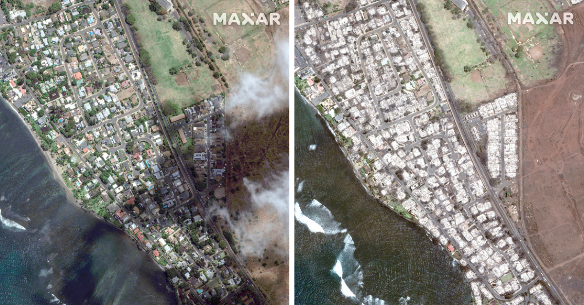 Before and after satellite images of wildfire destruction in Lahaina, Maui